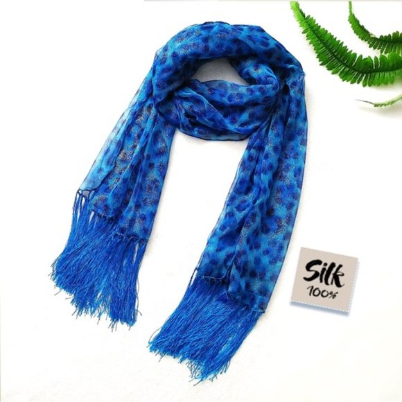 100% Silk Rectangle Scarf Sheer Blue Leopard Animal Print Silvery Dots Tassels - Picture 4 of 12